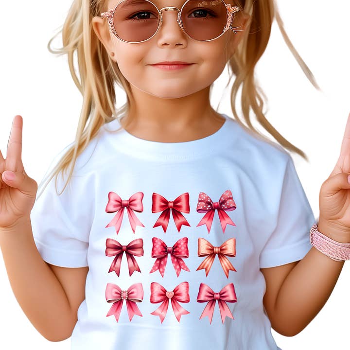 Chemise à nœud coquette de la Saint-Valentin pour filles - Tailles bébé, tout-petit, jeunesse - T-shirt graphique mignon avec nœud rose - Tenue de la Saint-Valentin pour enfants pour la vente par Epic Life - Designed