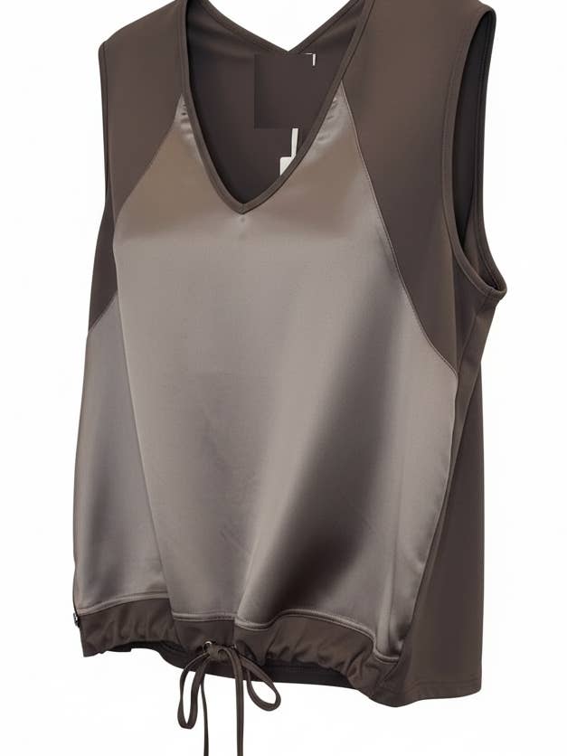 WF2152 LATTE SATIN FRONT SLEEVELESS TOP WITH TIE HEMLINE for wholesale by Malissa J Collection