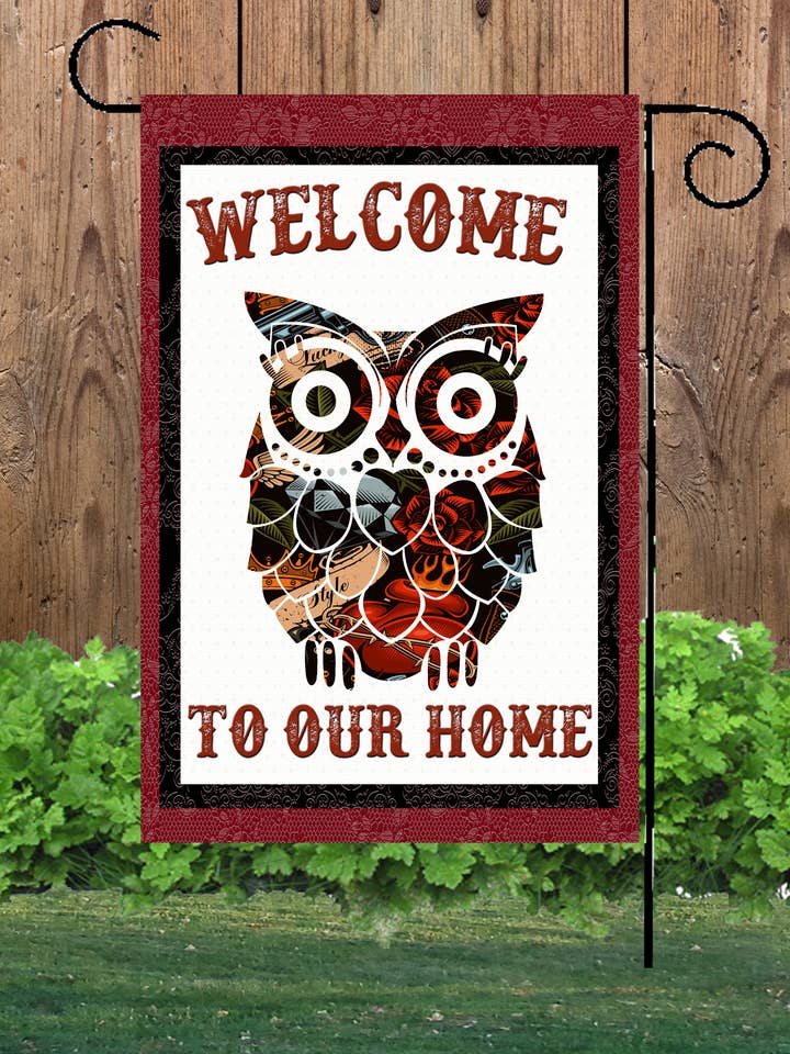 Willkommen in unserem Zuhause Eulen-Gartenflagge für den Großhandel von Happy Cow Lawn Decor