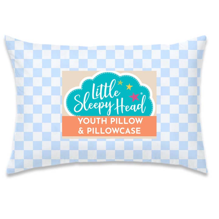 Youth Pillow + Pillowcase Set - Checkers Baby Blue - 16"x22" for wholesale by Little Sleepy Head