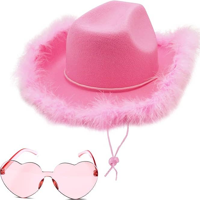 Chapeau de Cowgirl Rose avec Plumes & Ensemble de Lunettes de Soleil en Cœur pour Femmes & Filles pour la vente par 4E's Novelty
