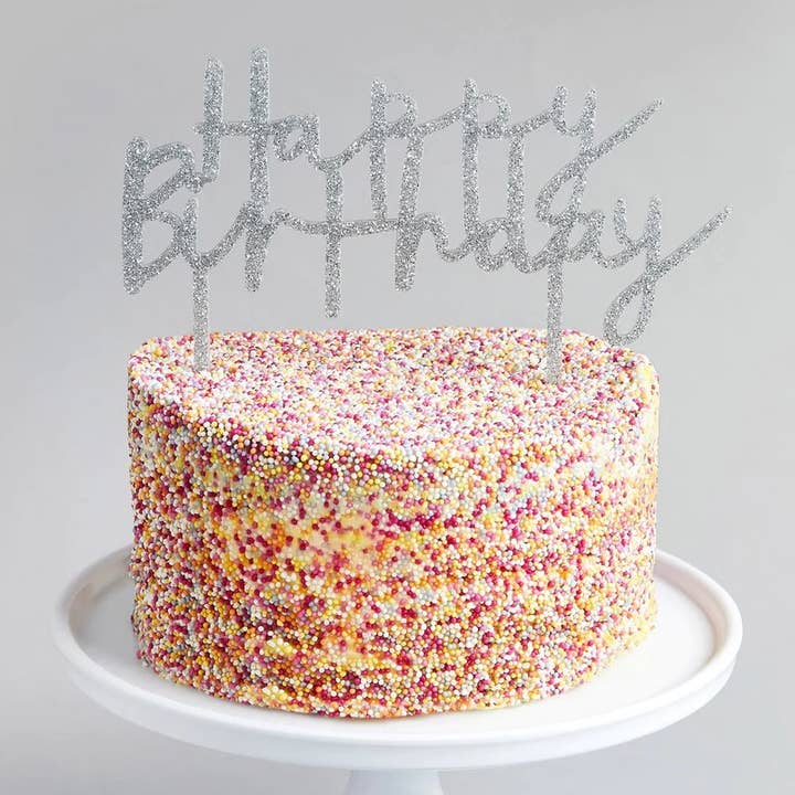 Hootyballoo by Club Green - Wholesale Cake/Cupcake Topper - Silver 'Happy Birthday' Acrylic Cake Topper