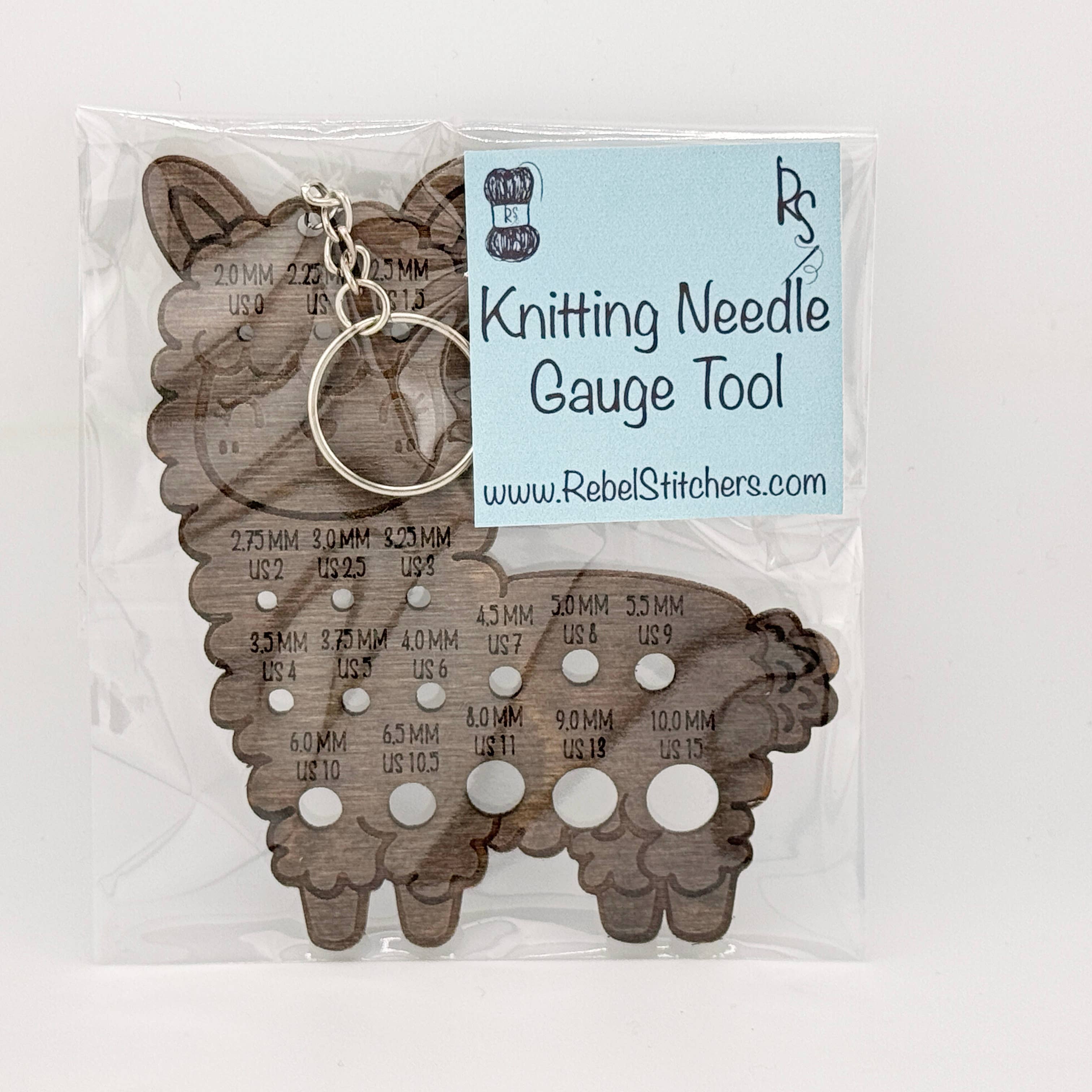Art by Erica H & Rebel Stitchers - Wholesale Knitting/Crochet Supplies - Alpaca Knitting Needle Gauge Wooden Keychain 3.7 x 4.4" 1
