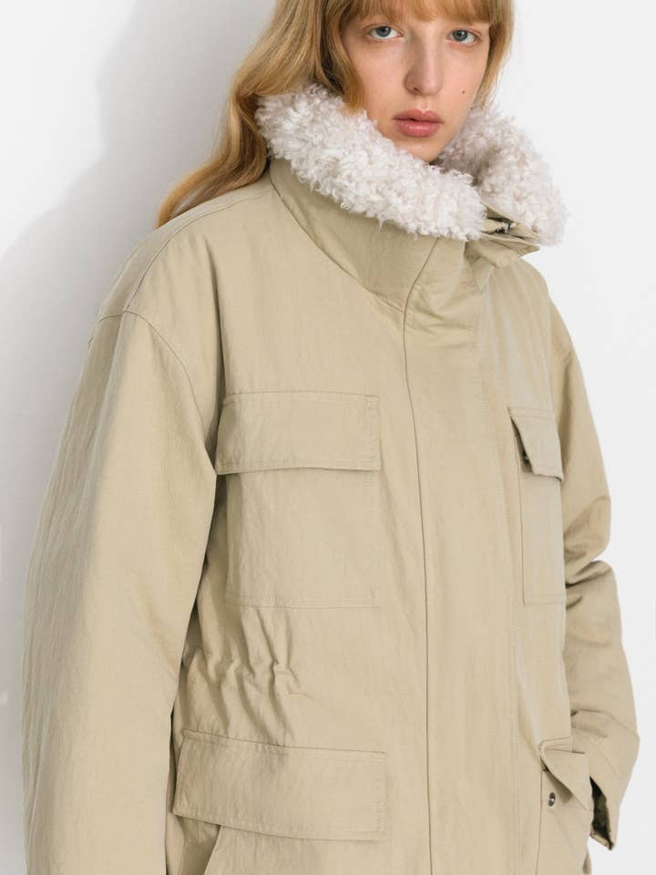 Khaki Loose-Fit Reversible Shearling Workwear Jacket for wholesale on Faire1