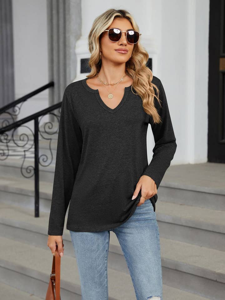 Lovesoft - Wholesale T-Shirt - Women's - V-neck Long-sleeved Loose T-shirt Solid Color Top10