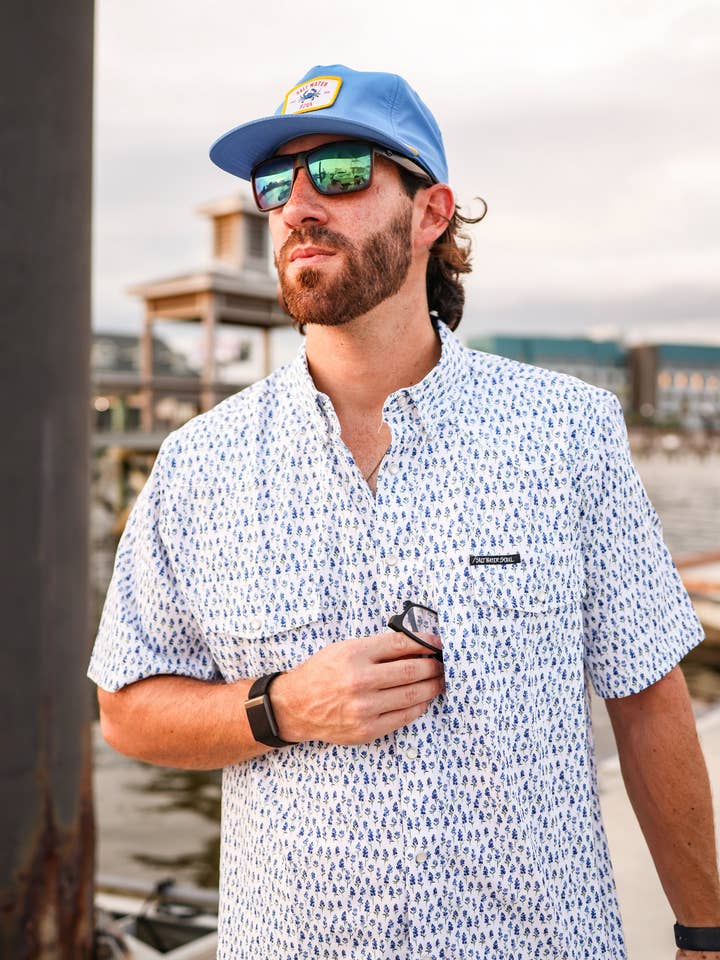 SALT WATER SOUL - Venta al por mayor Camisa con botones - Hombre - Camisa de Pesca Azul Bonnet con Broches de Perla0