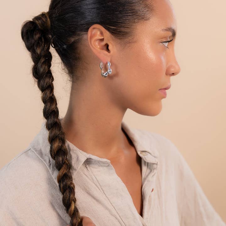 Vurchoo - Wholesale Hoop Earrings - Gaia Link Sculptural Grey Jasper Statement Hoops Silver2