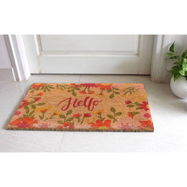 Hello Cursive Flowers Doormat for wholesale by RugSmith