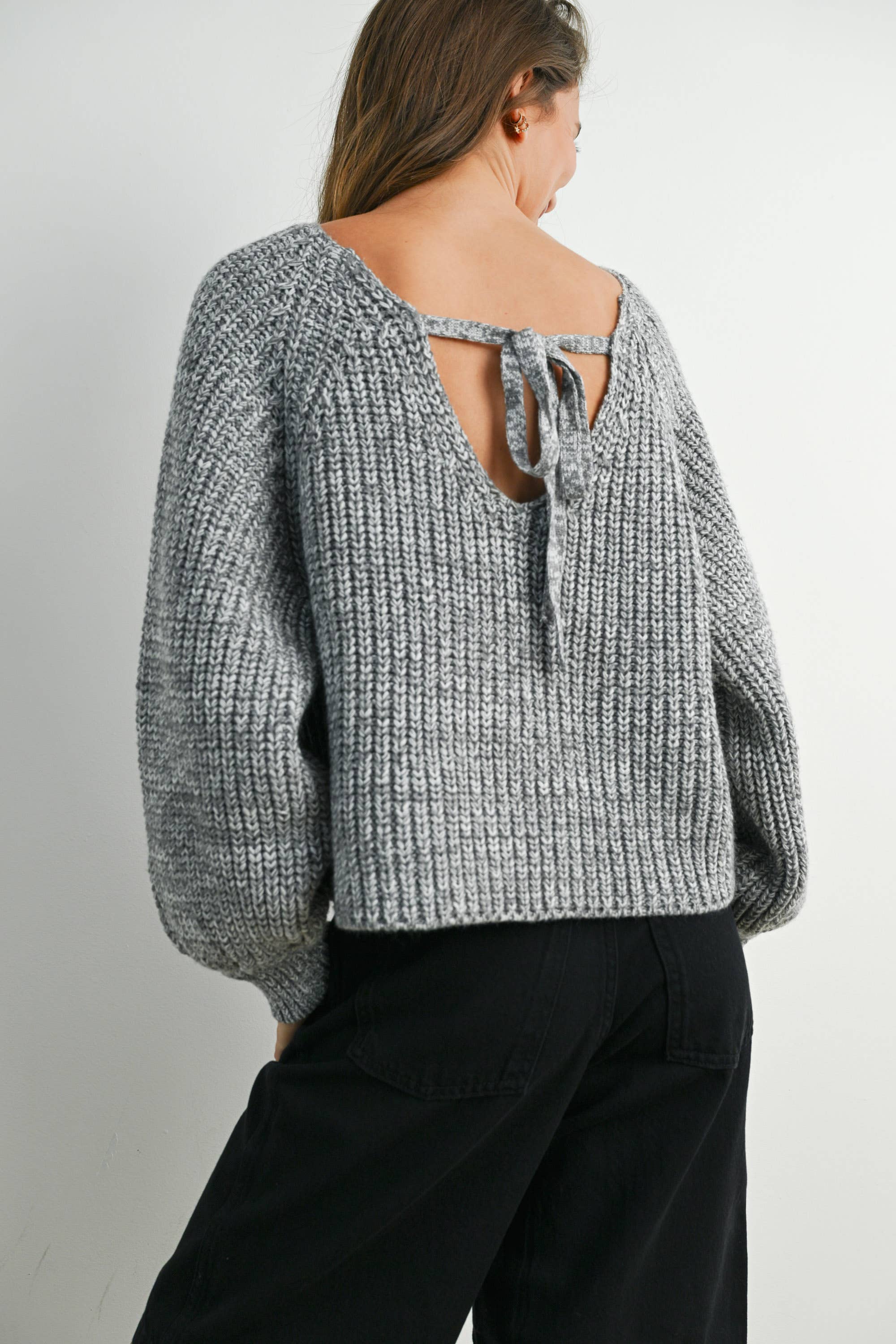 BUTTERMELON - Wholesale Knit Sweater - Women's - Tie-Back V-Neck Drop Shoulder Long Sleeve Top - BMW781029