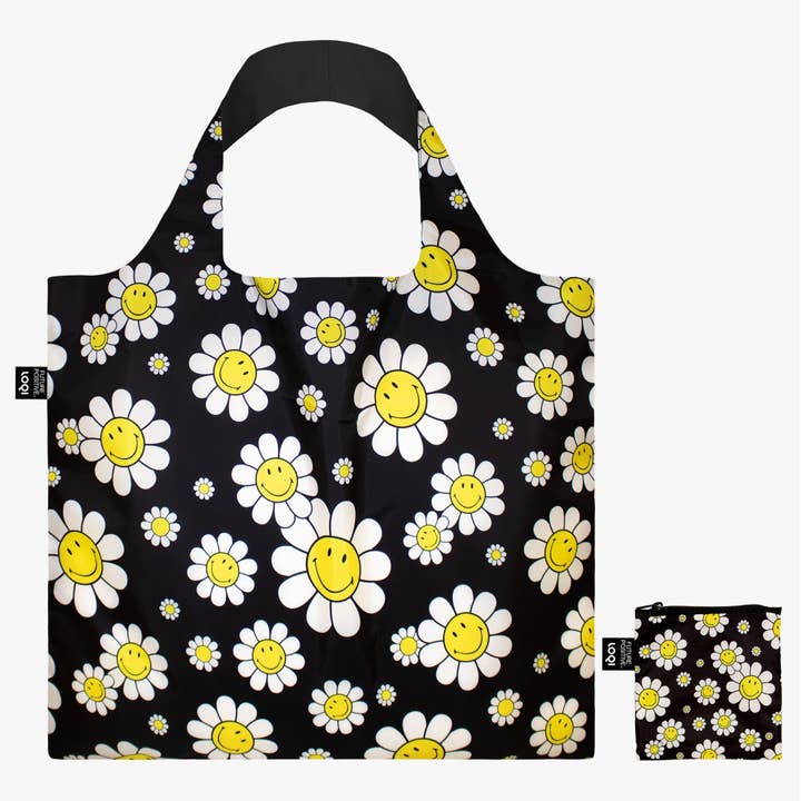 LOQI - Wholesale Tote Bag - Unisex - SMILEY Flowers Black Recycled Bag