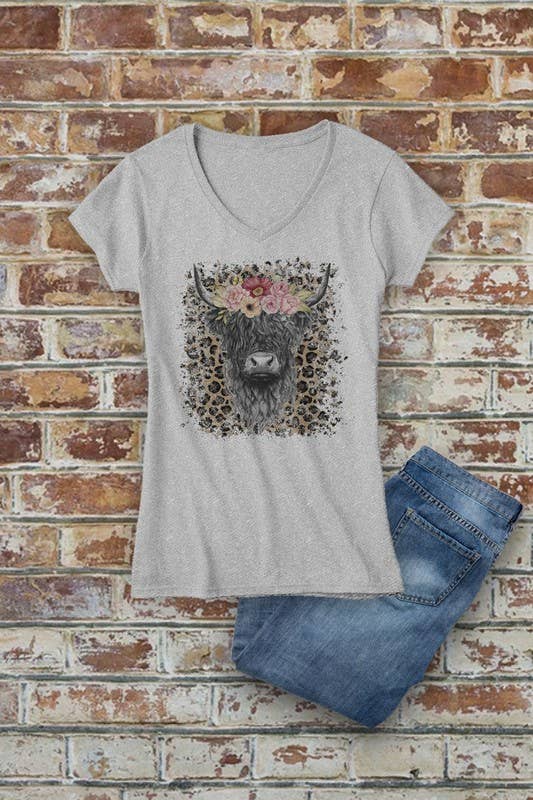 Top Avenue – Engroshandel T-shirt med print - Dame – Highland Cow, T-shirt med V-hals til kvinder2