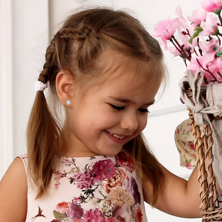In Season Jewelry - Venta al por mayor Pendientes - Niños - Pendientes transparentes con forma de flor solitaria para niños y niñas, plata de ley