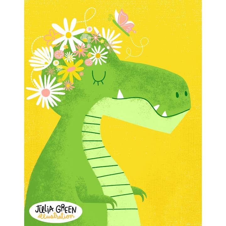Art Print– 11x14 – T-Rex Dinosaur with Flower Crown for wholesale by Julia Green Illustration