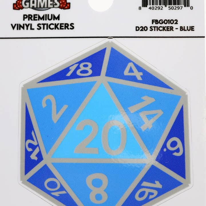 D20 Sticker - Blue for wholesale by Foam Brain Games