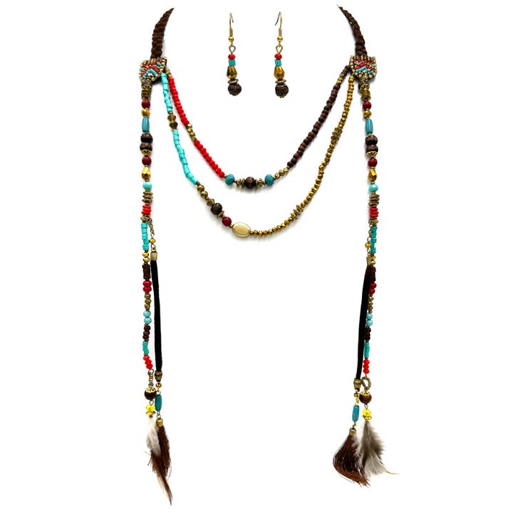 Native Tribal Feather Seed Bead Multi Color Necklace Set for wholesale by Lunar Deer