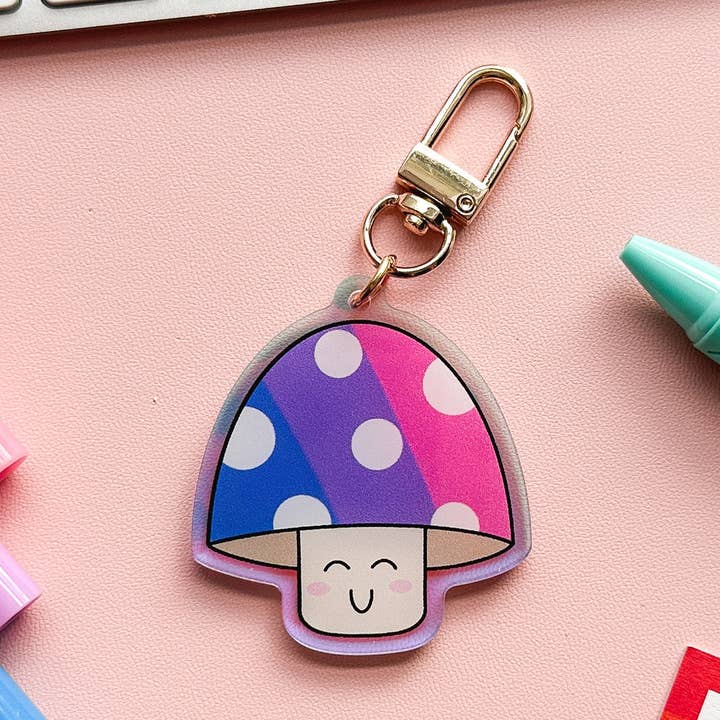 Bi Pride Flag Mushroom Keychain for wholesale by The Harpy Otter Co