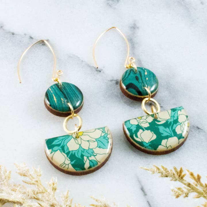 Teal Dogwood Floral Half Circle Stacked Earrings for wholesale by No Man's Land