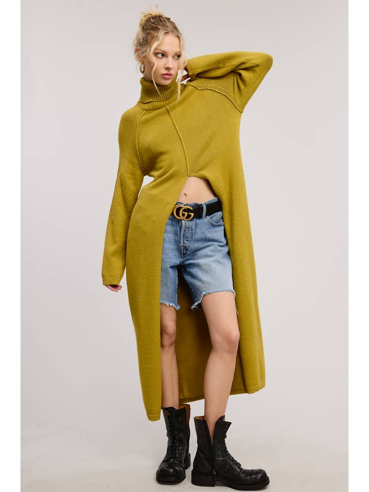Mimosa - Wholesale Dress - Women's - Seam Detail Turtleneck Tunic Sweater Dress with Slit