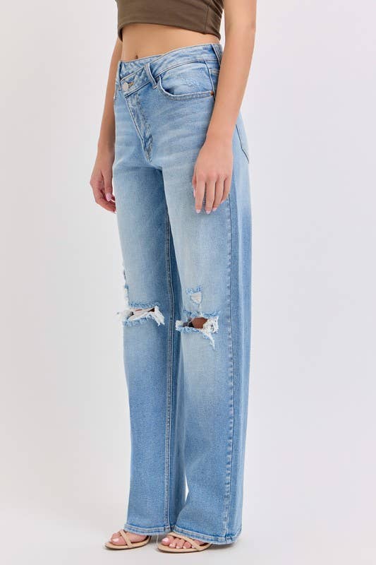 Light Denim 18584RS-LTD-Crossover Button Fly High Rise Dad Jeans for wholesale on Faire1