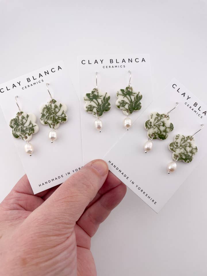 Green China Flower earrings with pearl drop (Options) for wholesale by Clay Blanca