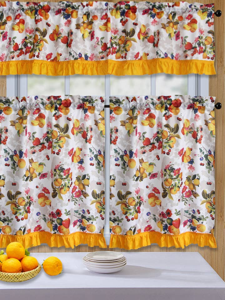 3pc Printed Rod Pocket Ruffled Kitchen Curtain Set for wholesale by Jenin Home Furnishing Inc