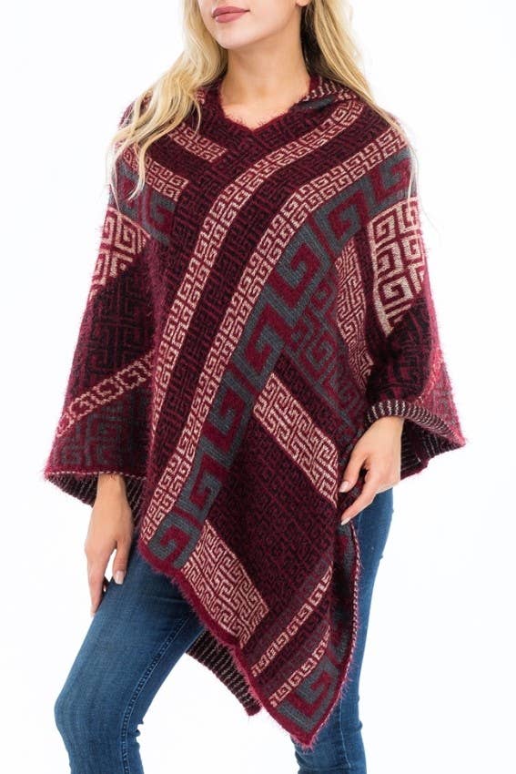 Cap Zone - Vente Poncho – femme - Poncho à capuche en faux angora Greek Key0