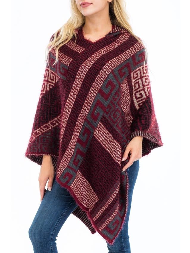 Cap Zone - Vente Poncho – femme - Poncho à capuche en faux angora Greek Key