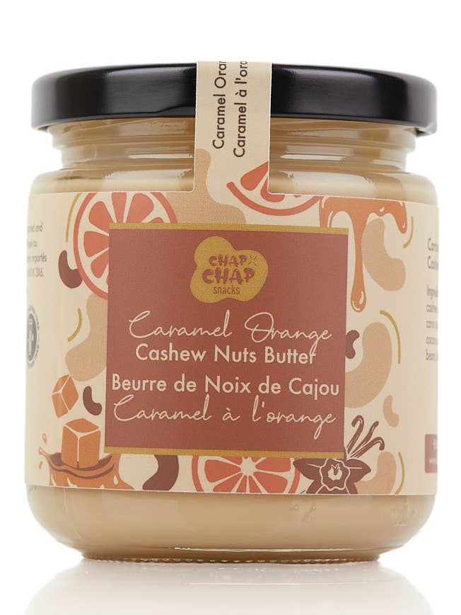 Beurre de cajou au caramel et à l'orange pour la vente par CHAP CHAP SNACKS