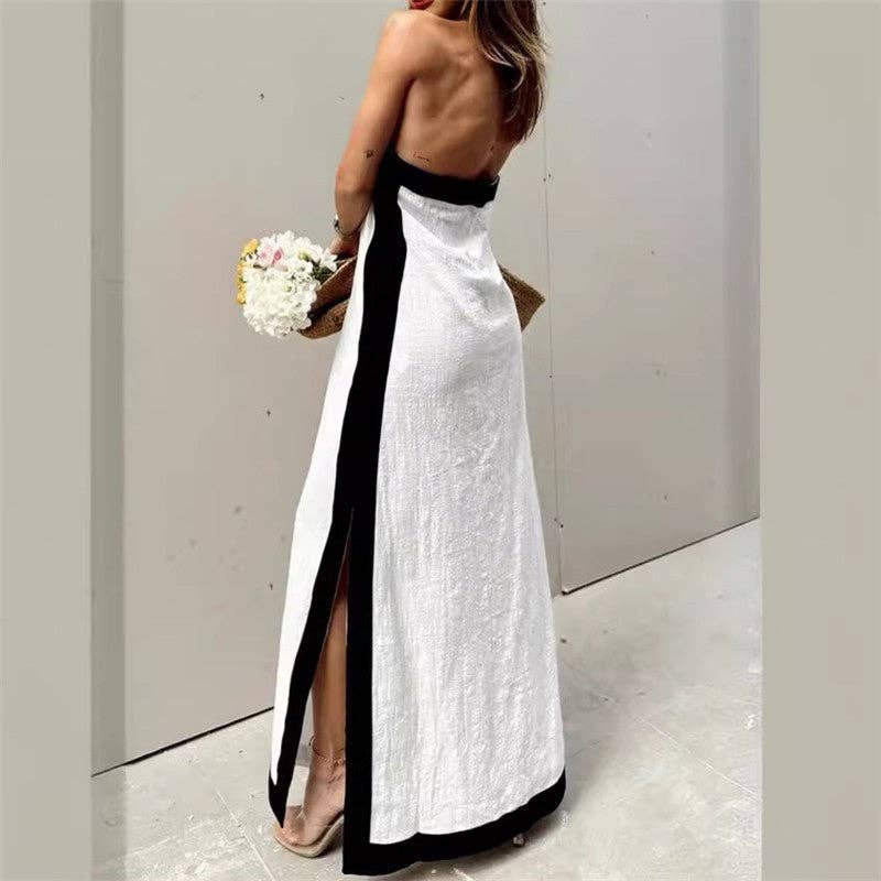 Sheer Trend - Wholesale Dress - Women's - Backless Halter Neck Color Block Maxi Dress3