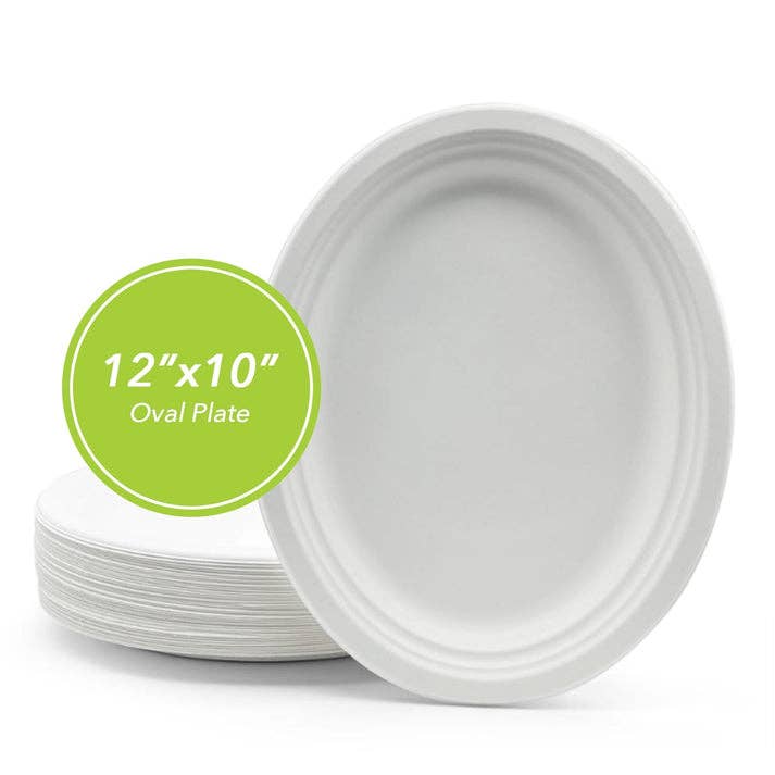 Three Leaf 12" X 10" Bagasse Oval Plate, 500 Ct. for wholesale by Three Leaf Products