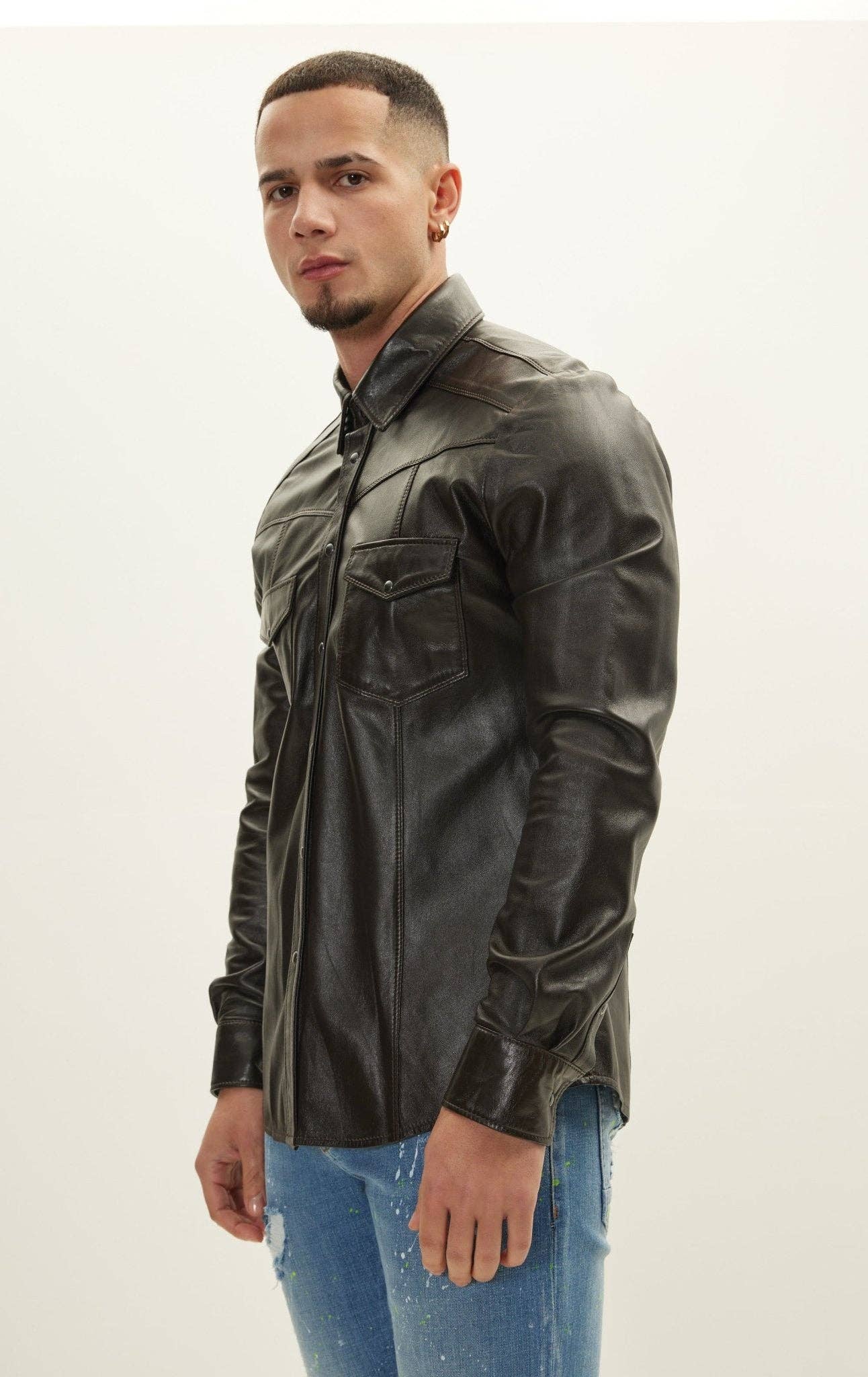 Men's Genuine Lambskin Leather Shirt - Dark Brown for wholesale on Faire3