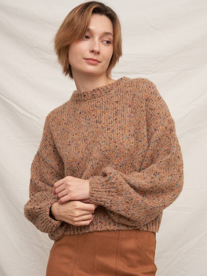 TAUPE MULTI Puff Sleeve Confetti Cropped Sweater for wholesale on Faire2