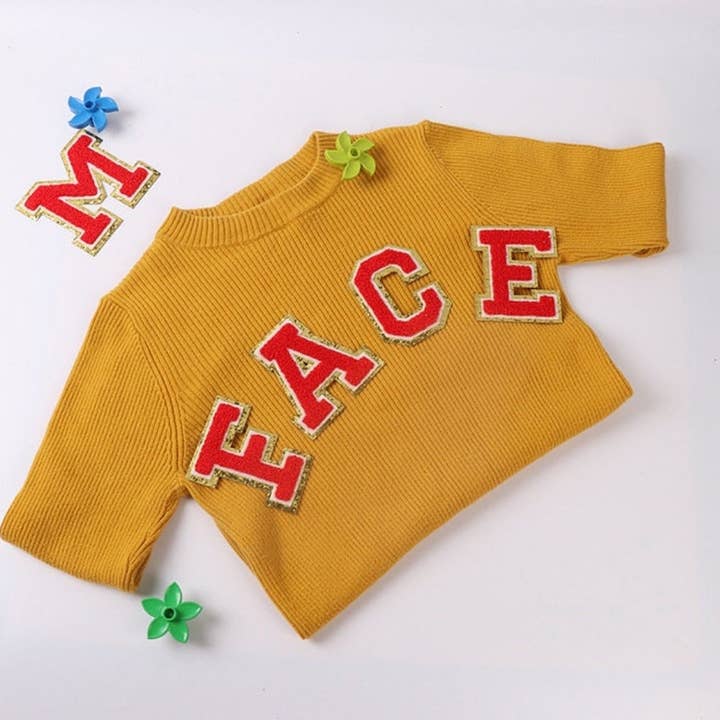 Red Chenille Iron On Gold Glitter Letter Patches for wholesale on Faire3