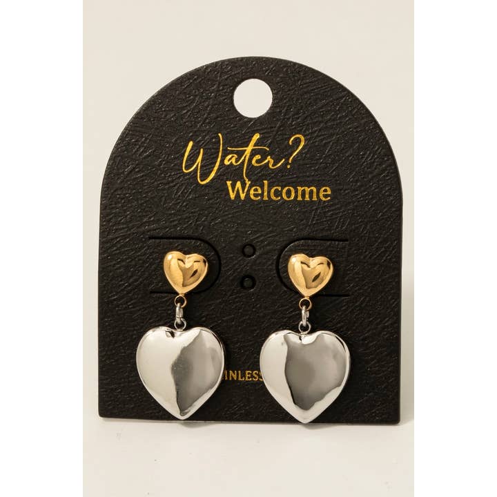 Two Tone Stainless Steel Heart Dangle Earrings for wholesale by Fame Accessories