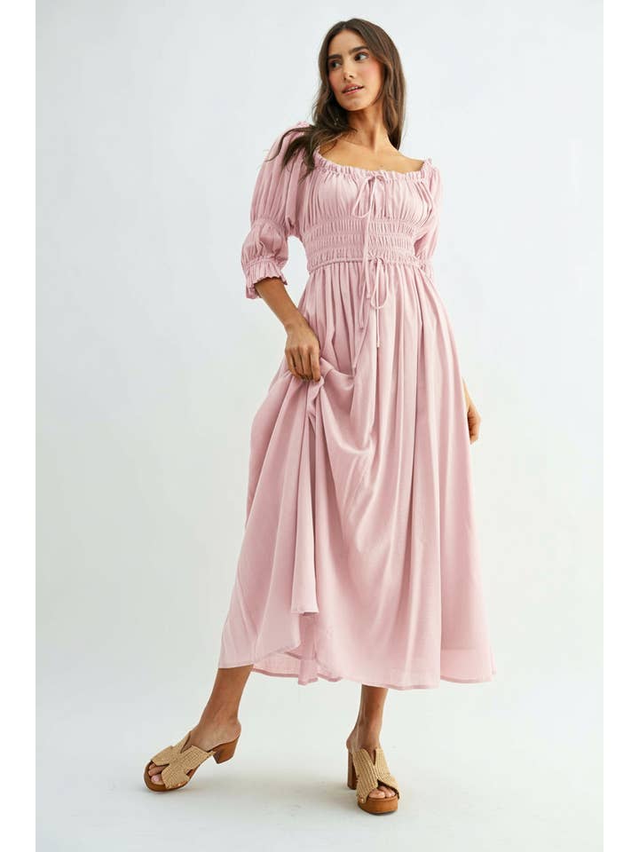 Camellia – wholesale Dress – Women's – CD25164 OFF-SHOULDER SMOCKED MIDI DRESS PLEATED SKIRT2