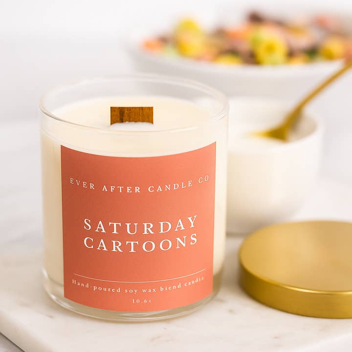 Ever After Candle Co - Wholesale Jar/Filled Candle - Saturday Cartoons Candle - 10 oz Jar & Crackling Wood Wick0