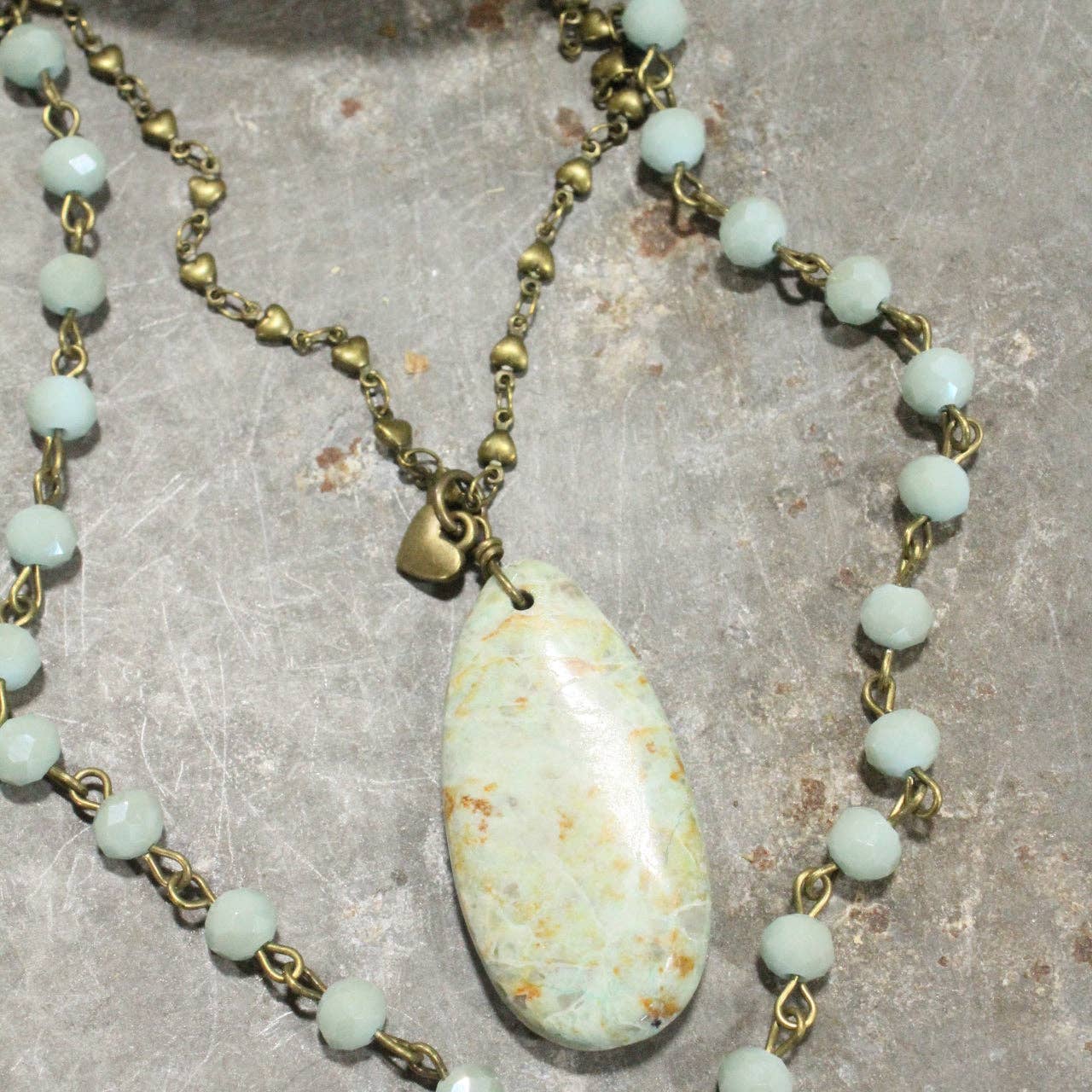 The Primitive Peddler, Inc. - Wholesale Pendant/Charm Necklace - Double Layered Stone & Bronze Heart Drop Necklace4