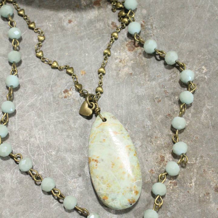 The Primitive Peddler, Inc. - Wholesale Pendant/Charm Necklace - Double Layered Stone & Bronze Heart Drop Necklace4