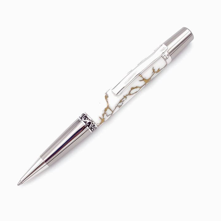 Elegant Sierra Ballpoint Pen in White Marble Gold TruStone for wholesale by Woodnotch