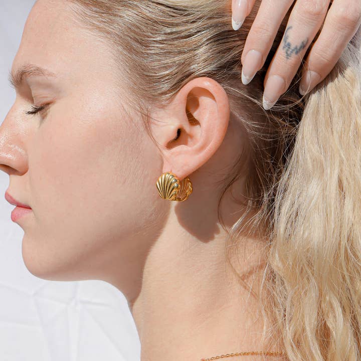 WJW - Wholesale Huggie Earrings - 18K Gold PVD Stainless Steel Shell Huggie Earrings