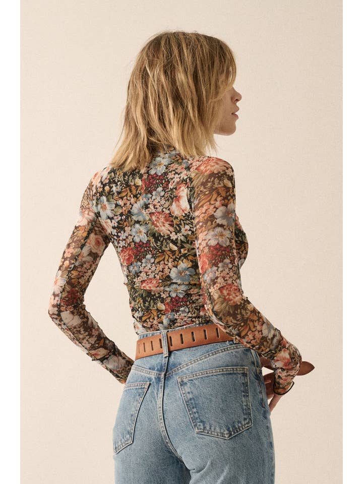 BLACK Floral Mesh Long-Sleeve Mock Neck Top for wholesale on Faire