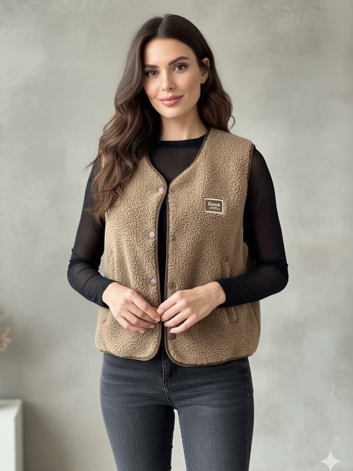 Camel Bouclé fabric vest for wholesale on Faire0