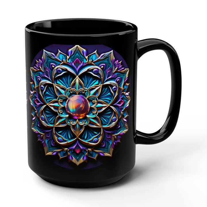 Blue Mandala on a Black Mug, 15oz for wholesale by Lilly's Artwork