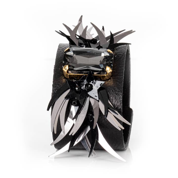 Black Leather Cuff with Faceted Crystal and Sculptural Metal for wholesale by The Dark