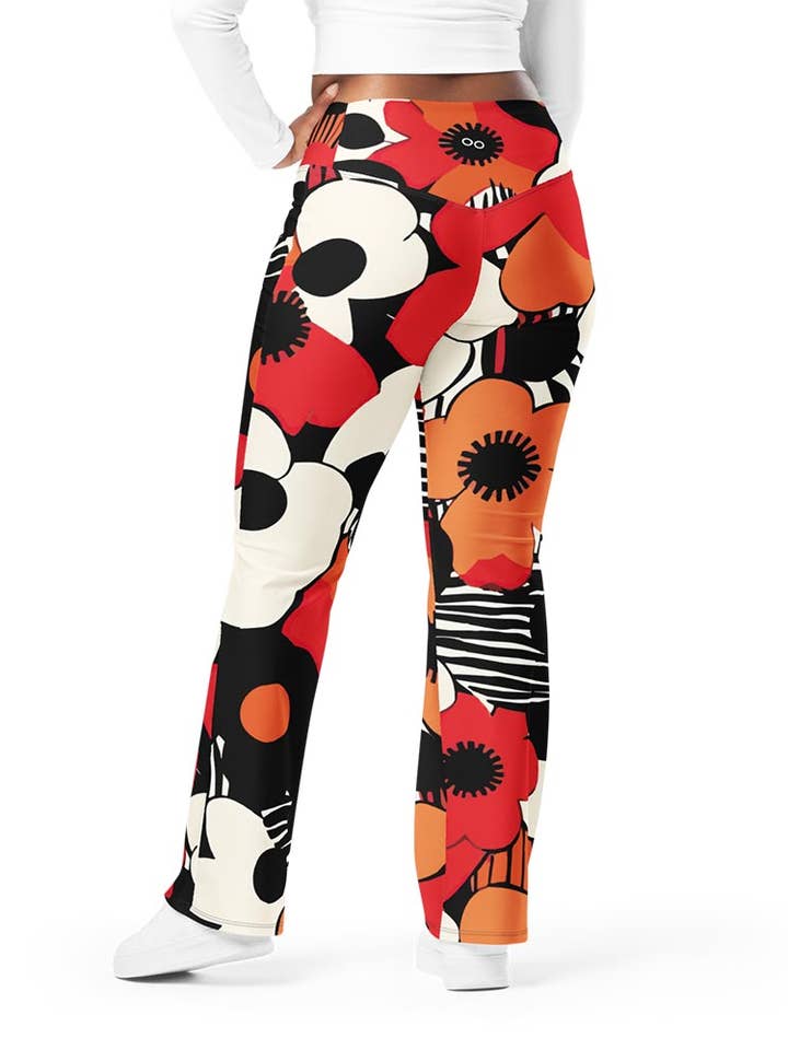 Recycled Flare leggings "Zebra Blossom" Black/Red/Orange for wholesale by Loony Legs