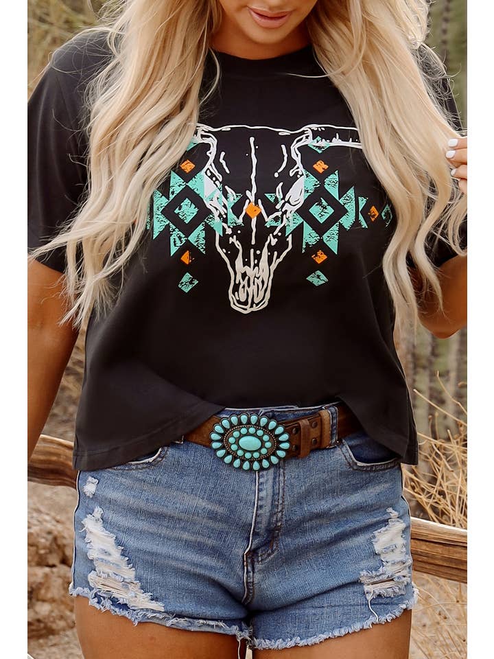 Carbon Grey Western Aztec Short Sleeve T-Shirt for wholesale on Faire
