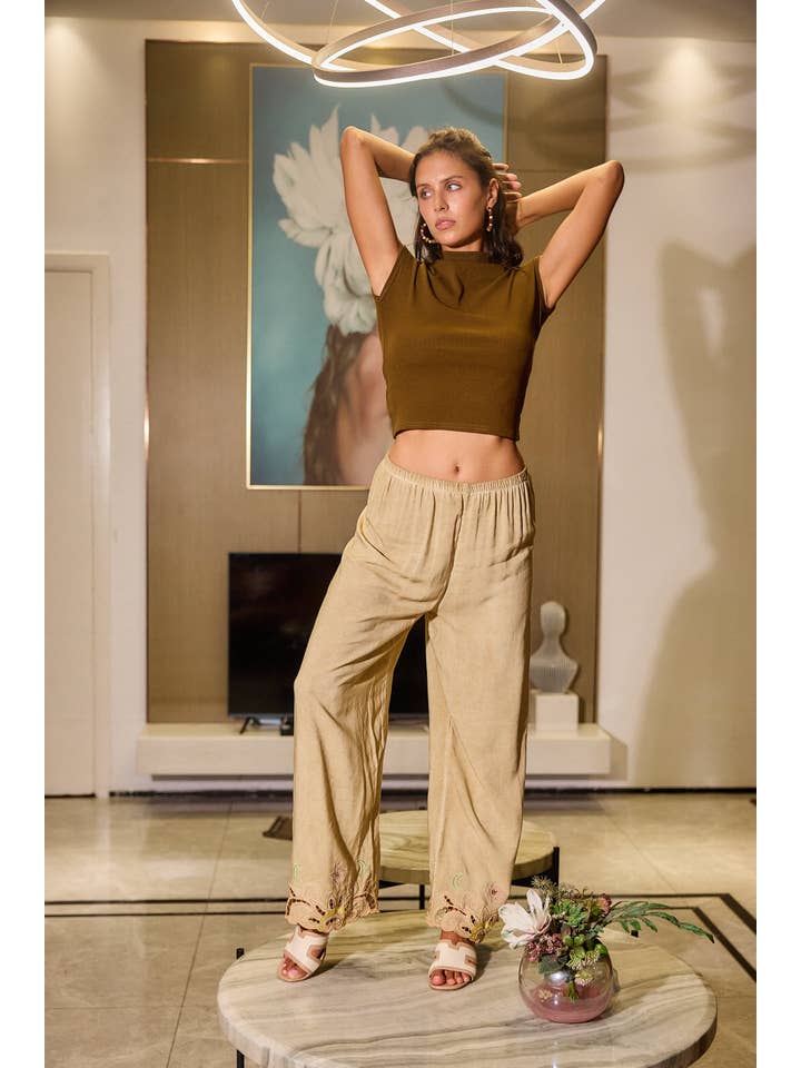 Beige Fluid pants with openwork embroidery, loose fit for wholesale on Faire3