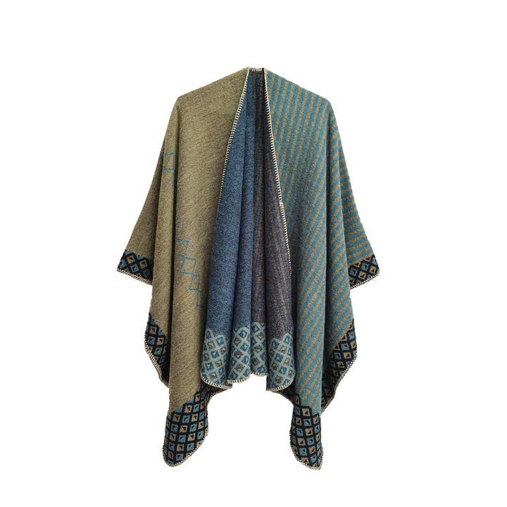 ACCITY - Wholesale Poncho - Women's - SIMPLE SPLIT SHAWL WITH DIAMOND GEOMETRIC PATTERN_CWASC02894