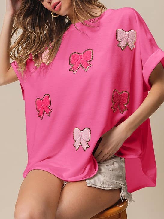 Rosa Clothing - Wholesale T-Shirt - Women's - Basic overfit Embroidered Bow Patch T-Shirt