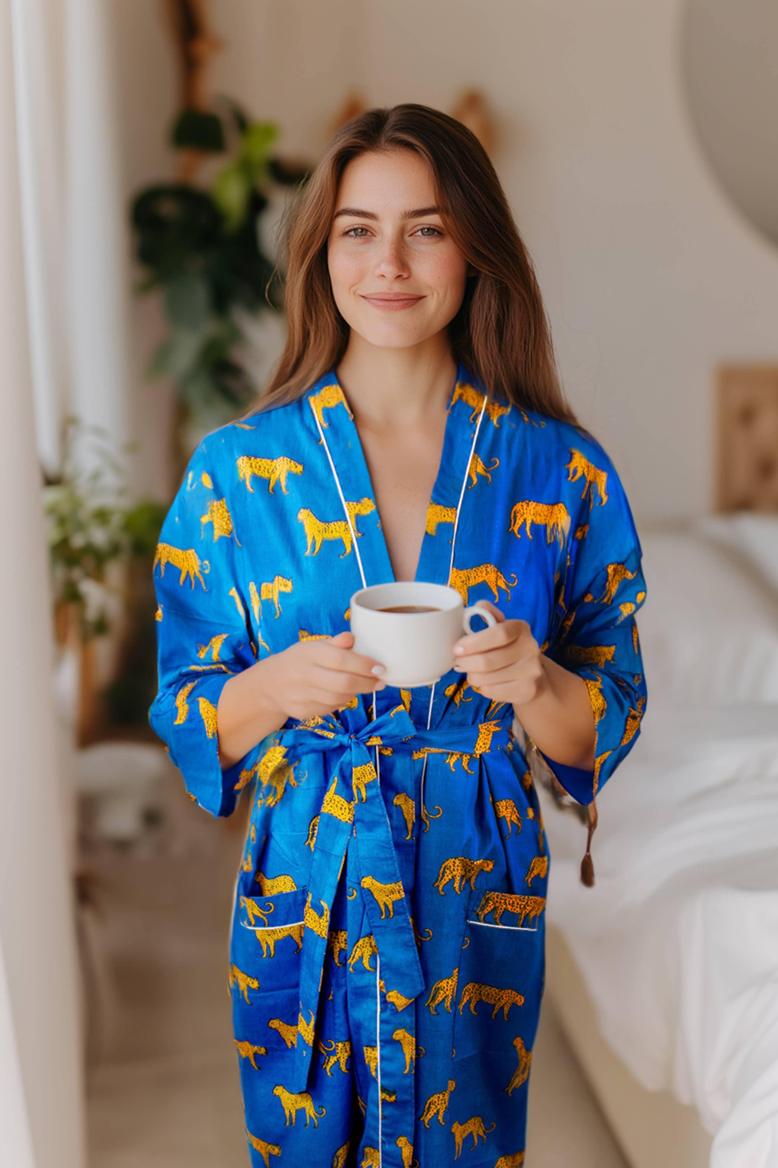 The Cocoon Boutique - Vente Peignoir – femme - Peignoir kimono en coton 100 %, jaune4